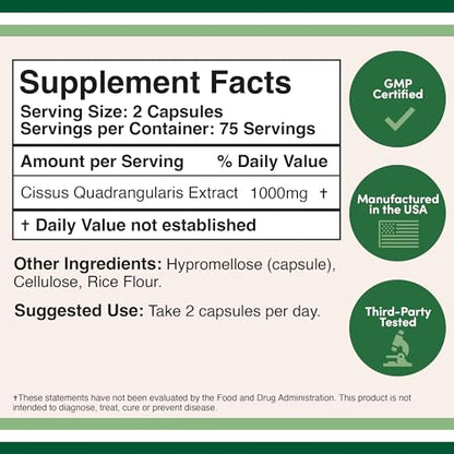 Cissus Quadrangularis Super Extract, 150 Capsules, Manufactured in The USA, Dietary Double Wood SupplementsBuy Supplements Australia
