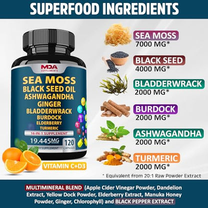 Sea Moss Black Seed Oil Ashwagandha Ginger - Multimineral Sea Moss Capsules MDA SupplementsBuy Supplements Australia