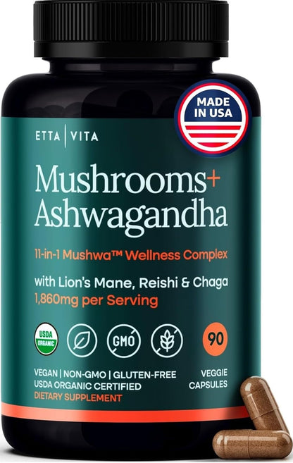 USDA Organic Lions Mane Supplement Capsules with Ashwagandha, Chaga, Reishi, Cordyceps, Turkey Tail (18,600mg/serv) 10x Adaptogenic Mushroom Complex as Focus Supplement - Energy, Immunity & Nootropic Etta VitaBuy Supplements Australia