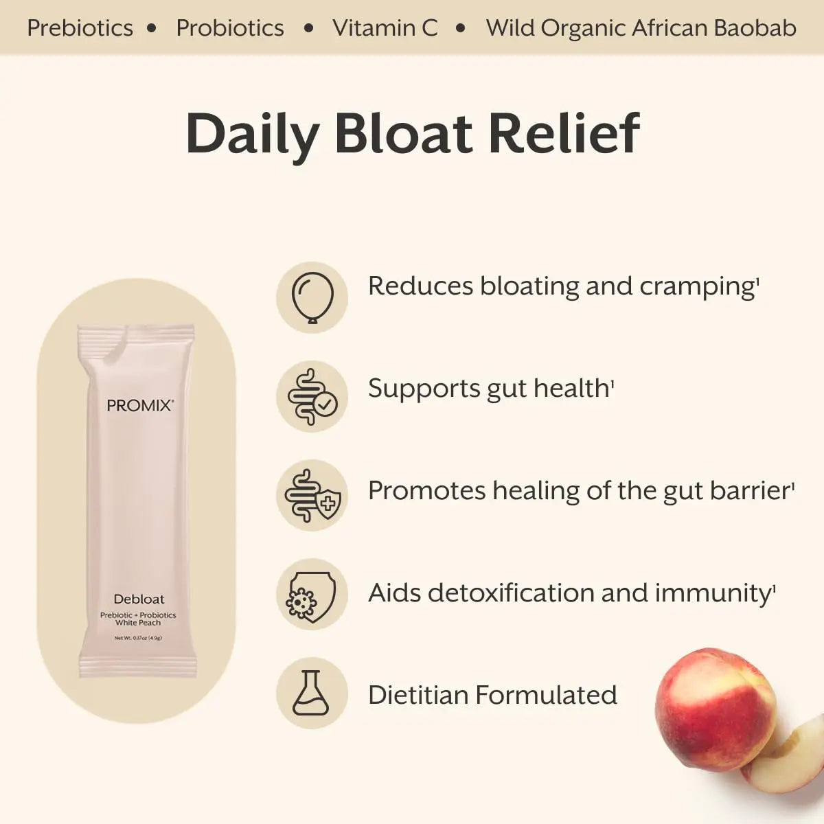 ProMix Nutrition Debloat Prebiotics and Probiotics, Bloating Relief for Women, Gut Cleanse Detox for Men and Immune Support - White Peach - 30 Servings (Pack of 30) ProMix NutritionBuy Supplements Australia