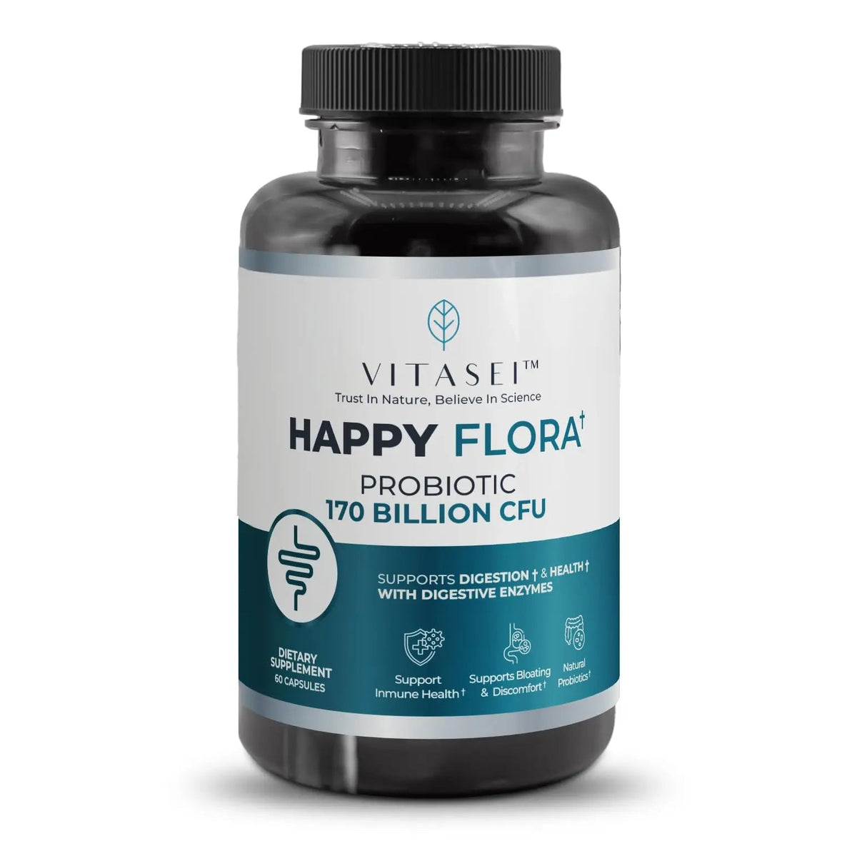 VITASEI Happy Flora, Probiotic Supplement 170 Billion CFU for a Healthy Gut Health with enzymes for Digestion, probiotics for Women and Men, 1 Bottle - 60 Capsules VITASEIBuy Supplements Australia