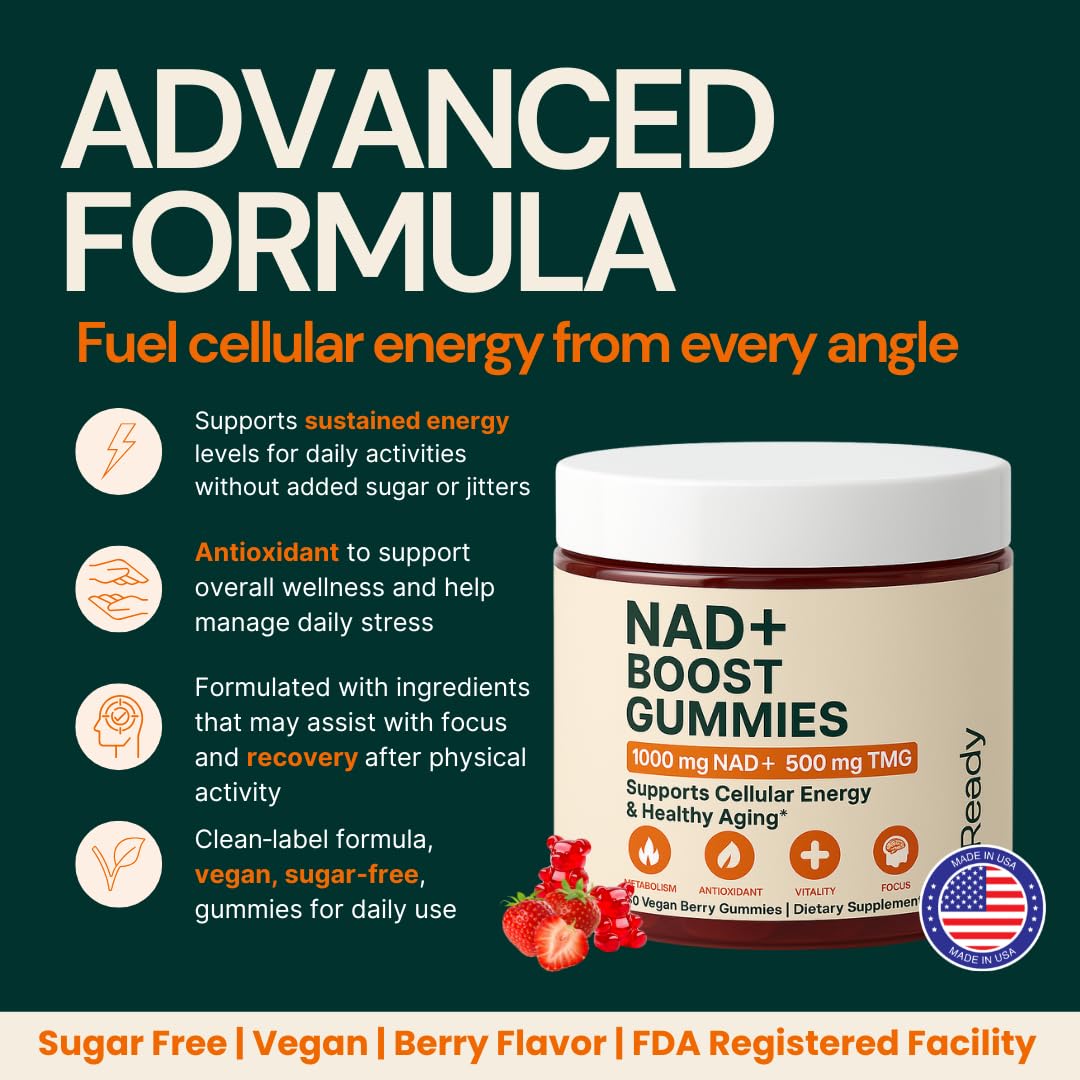 b.Ready NAD+ Gummies, Premium 1000 mg NAD Supplement with 500 mg TMG, Grape Seed & Black Pepper Extract – NAD+ for Healthy Aging, Cellular Energy & Antioxidant Support, Vegan, Sugar-Free, 60 Count b.ReadyBuy Supplements Australia