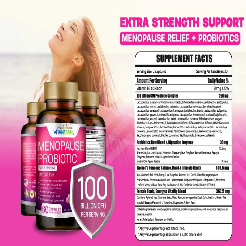 Menopause Support for Women – Hormone-Free Prebiotics & Probiotics 100 Billion CFU with Black Cohosh & Ashwagandha | Feminine Care, pH Balance, Vaginal Health, Hot Flashes, Night Sweats & Mood Swings VITAMISANBuy Supplements Australia
