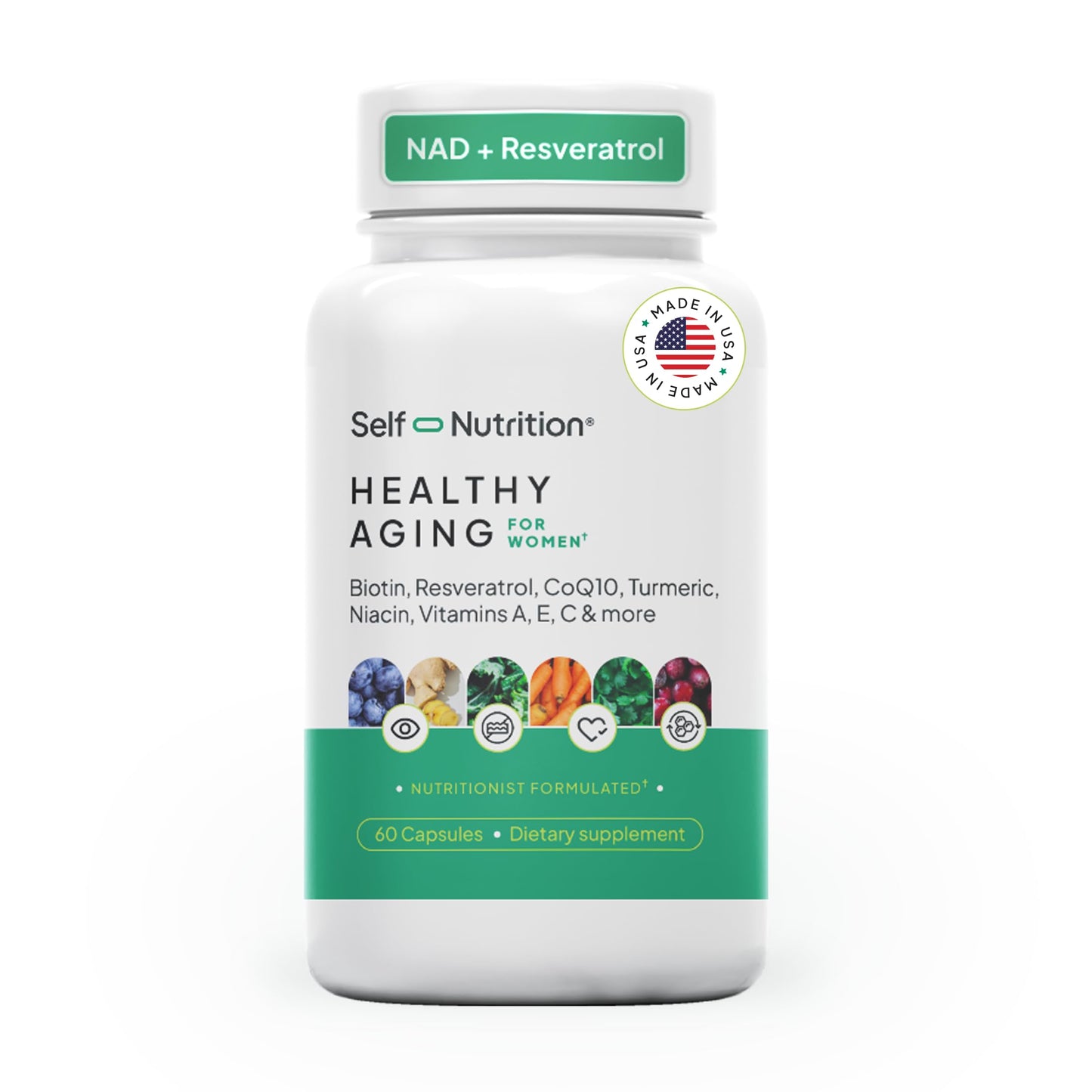 SELF NUTRITION NAD+ Resveratrol Supplement for Women – Healthy Aging Formula with CoQ10, Biotin, Turmeric & Vitamins A, C, E – Supports Energy, Skin & Longevity – 60 Capsules. Made in USA. SELF NUTRITION buy supplements Au