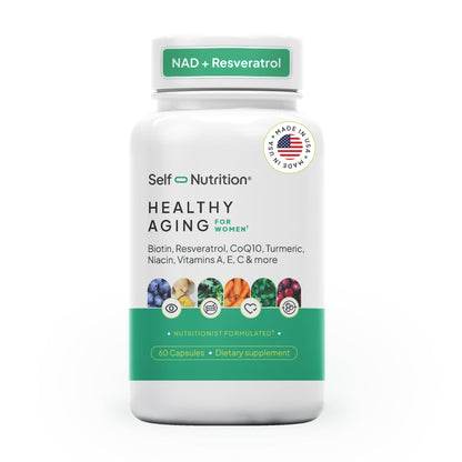 SELF NUTRITION NAD+ Resveratrol Supplement for Women – Healthy Aging Formula with CoQ10, Biotin, Turmeric & Vitamins A, C, E – Supports Energy, Skin & Longevity – 60 Capsules. Made in USA. SELF NUTRITION buy supplements Au