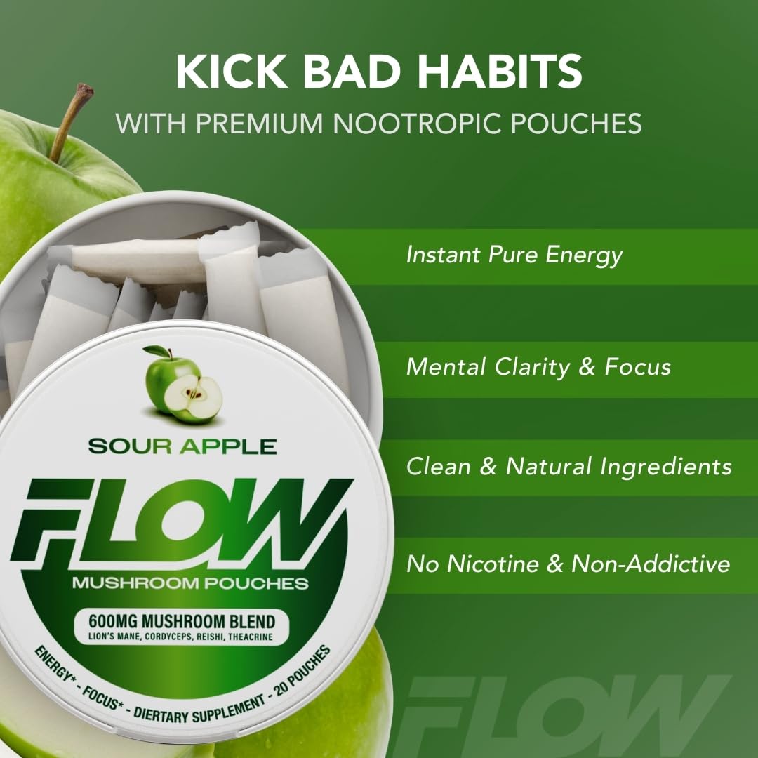 Flow Pouches Mushroom Nootropic Pouches - 600mg Organic Mushroom Energy Ultra Pouches with Lion's Mane, Reishi, Cordyceps for Focus & Clean Energy - Zero Caffeine or Sugar (5 Can Pack, Sour Apple) Flow Pouches buy supplements Au