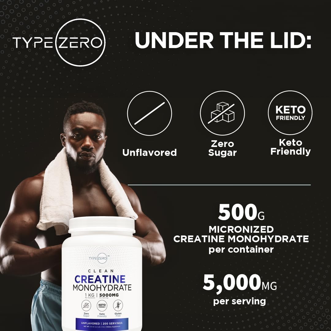 Type Zero Creatine Monohydrate (Unflavored) 1 KG, 5000mg (5g) Per Serving, Micronized, Zero Sugar, Keto Friendly & Gluten Free, 200 Servings Type ZeroBuy Supplements Australia