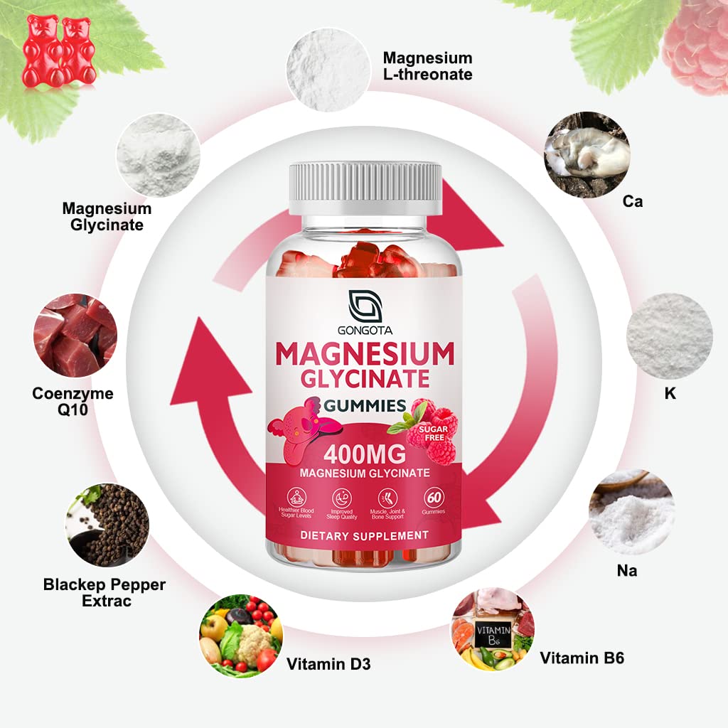 Magnesium Glycinate Gummies 400 mg with 100 mg Composite magnesium - Chelated Magnesium Potassium Supplement with Vitamin D, B6 Supports Calm, Sleep, Memory & Muscle Cramps,Sugar Free - 120 Gummies GONGOTABuy Supplements Australia