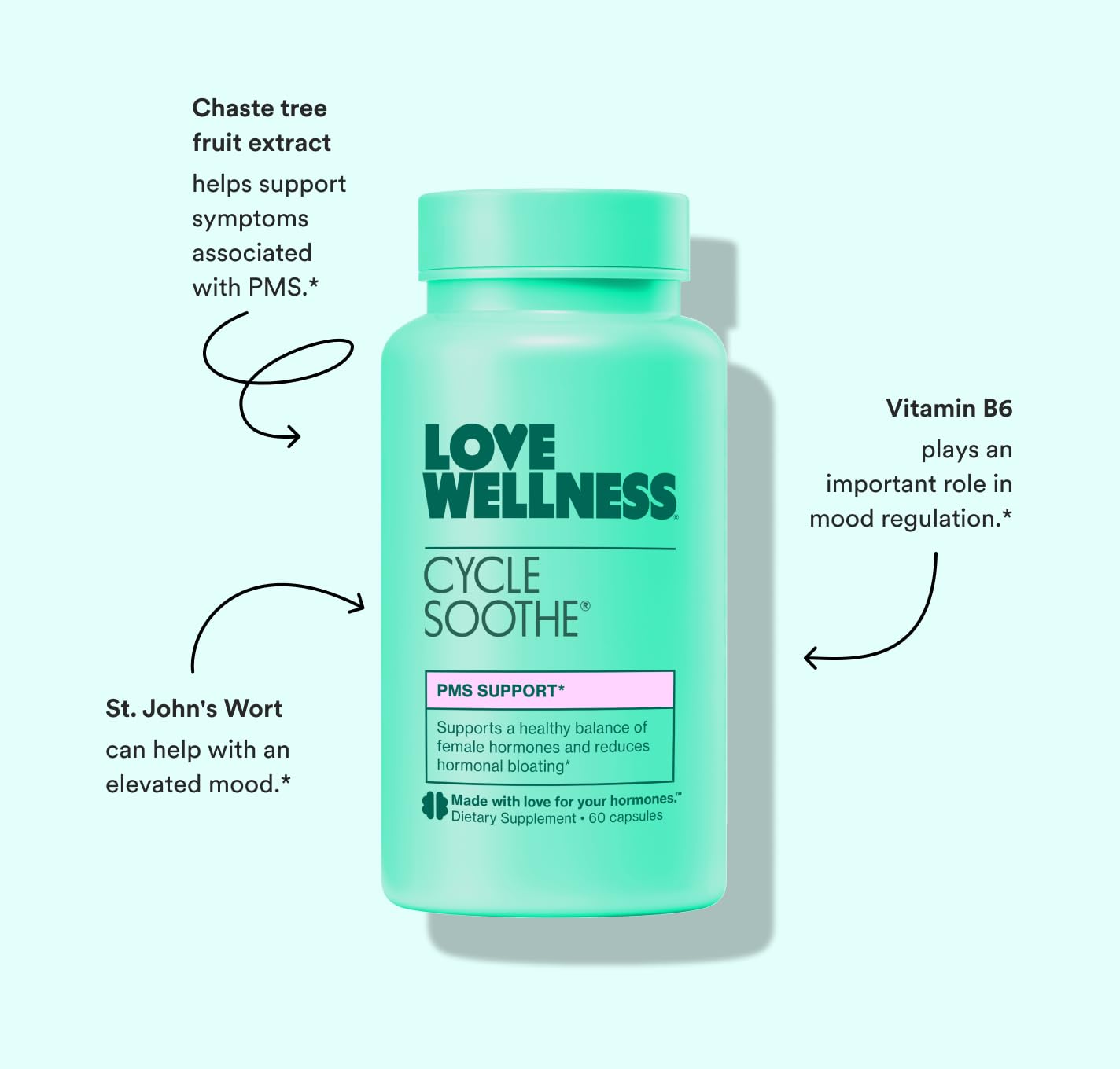 Love Wellness Cycle Soothe Supplement | Promotes a Happy Mood | Helps with PMS Hormones, Stress Relief, & Improves Mood | 60 Capsules Love WellnessBuy Supplements Australia