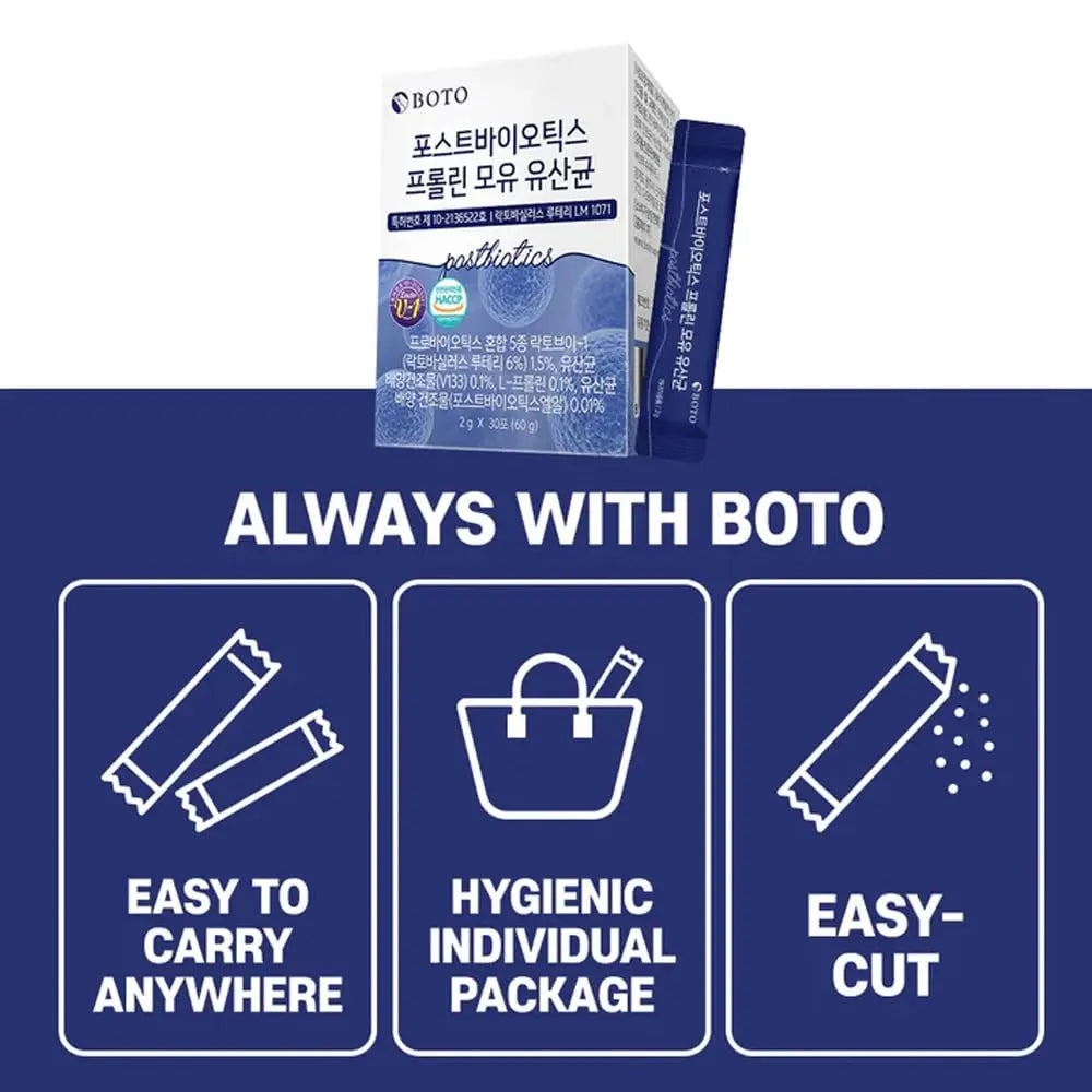 ZIOSTAND BOTO Korean Care it Probiotics Natural Prebiotics Proline Breast Milk Lactobacillus, Colon Cleanse, Immunity Support - 1 Month (30 of Pack, PostBiotics) ZIOSTANDBuy Supplements Australia
