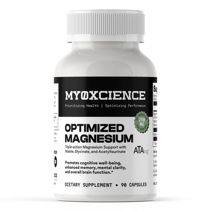 Supplement bottle labeled 'MyoxScience Optimized Magnesium' on a white background