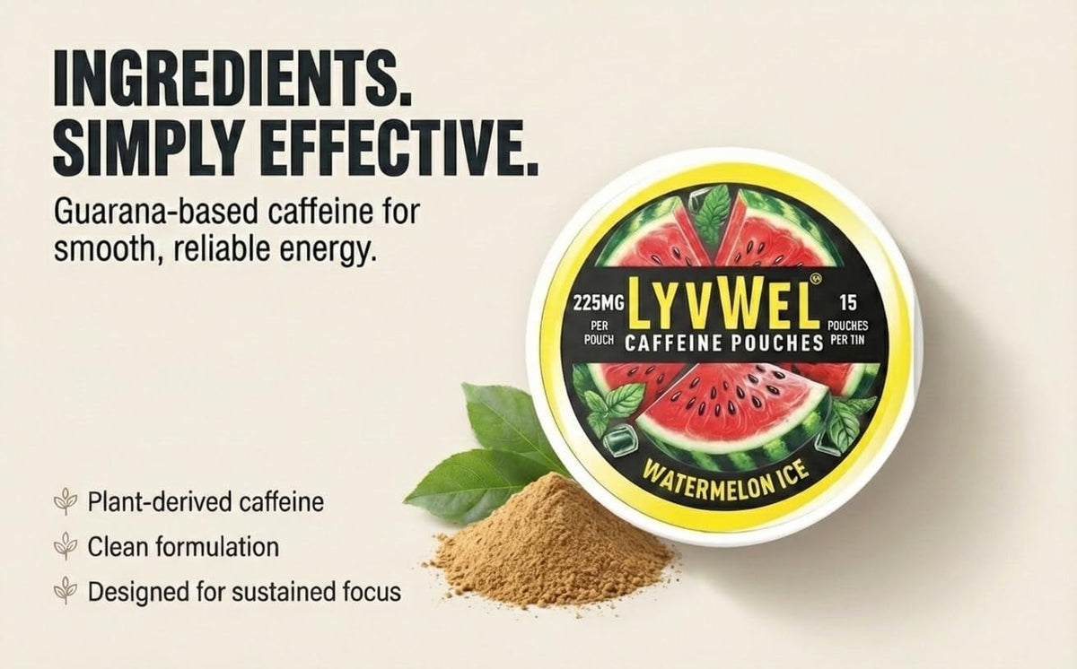 LyvWel 225mg Caffeine Energy Pouches | Nootropic Focus & Neuro Support | Tobacco-Free, Nicotine-Free, Quick Energy Solution | 3-Pack: 45 Pouches (3 Pack, Watermelon Ice, Pink Lemonade, Wintergreen) LyvWelBuy Supplements Australia