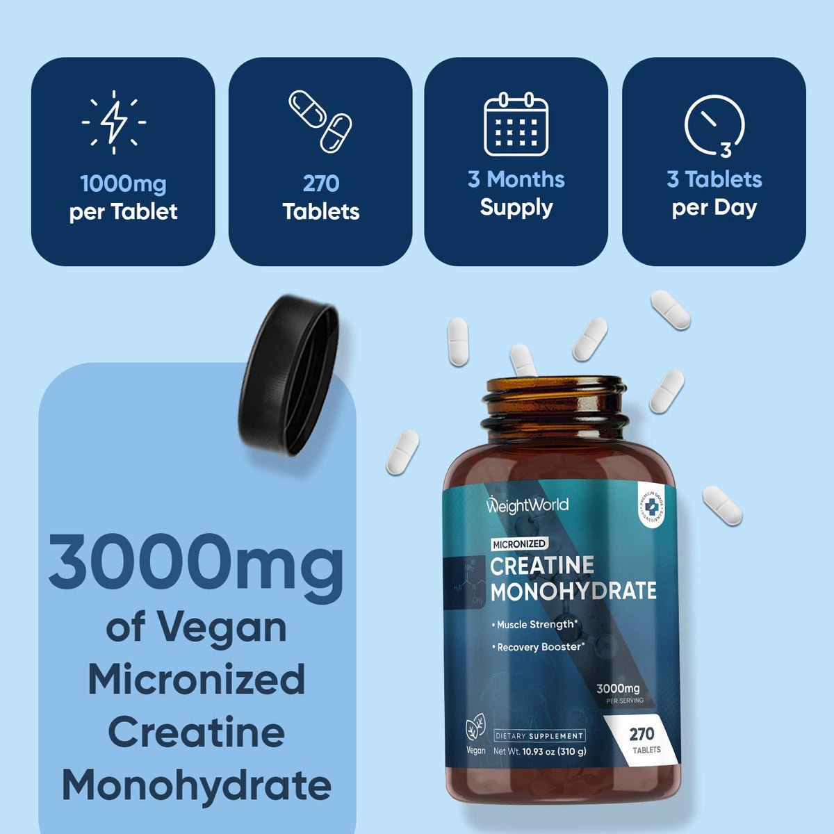 WeightWorld Micronized Creatine Monohydrate 3000mg Vegan Tablets | Muscle Strength & Recovery Booster | 3 Months Supply - 270 Tabs | Creatine for Women & Men | Non-GMO, Gluten-Free | 3 Tablets a Day WeightWorldBuy Supplements Australia