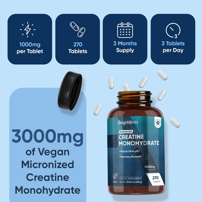 WeightWorld Micronized Creatine Monohydrate 3000mg Vegan Tablets | Muscle Strength & Recovery Booster | 3 Months Supply - 270 Tabs | Creatine for Women & Men | Non-GMO, Gluten-Free | 3 Tablets a Day WeightWorldBuy Supplements Australia