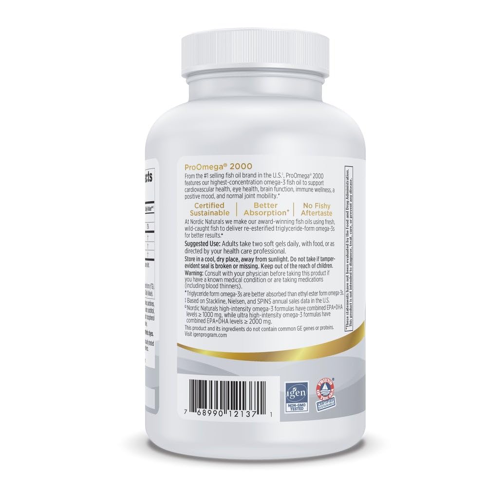 Nordic Naturals ProOmega 2000, Lemon Flavor - 120 Soft Gels - 2150 mg Omega-3 - Ultra High-Potency Fish Oil - EPA & DHA - Promotes Brain, Eye, Heart, & Immune Health - Non-GMO - 60 Servings Nordic Naturals buy supplements Au
