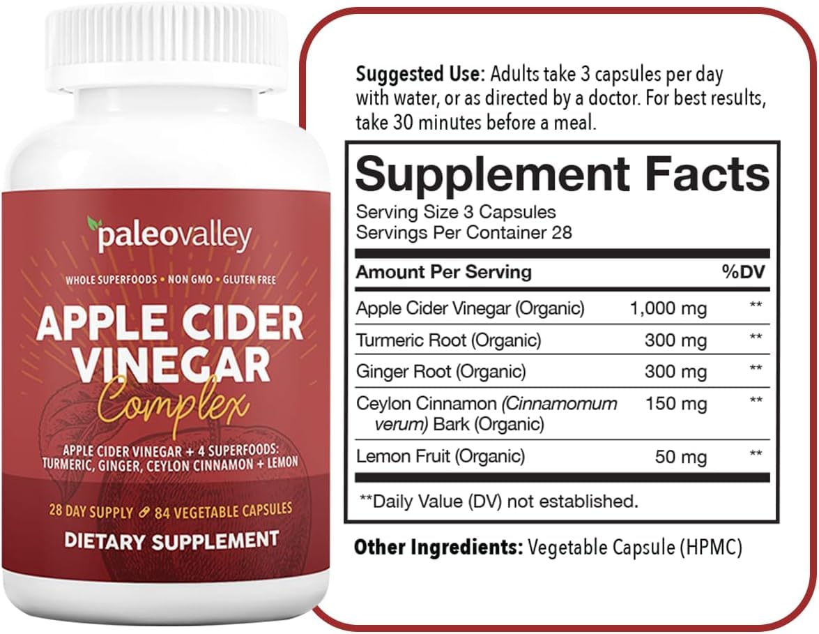 Paleovalley Apple Cider Vinegar Complex with Superfoods - Turmeric, Ginger, Ceylon Cinnamon and Lemon - 84 Vegetable Capsules PaleovalleyBuy Supplements Australia
