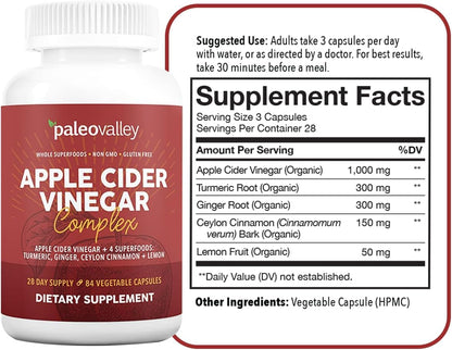 Paleovalley Apple Cider Vinegar Complex with Superfoods - Turmeric, Ginger, Ceylon Cinnamon and Lemon - 84 Vegetable Capsules PaleovalleyBuy Supplements Australia