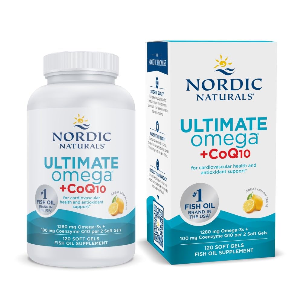 Nordic Naturals Ultimate Omega + CoQ10, Lemon - 120 Soft Gels - 1280 mg Omega-3 + 100 mg CoQ10 - Heart Health, Cellular Energy, Antioxidant Support - Non-GMO - 60 Servings Nordic Naturals buy supplements Au