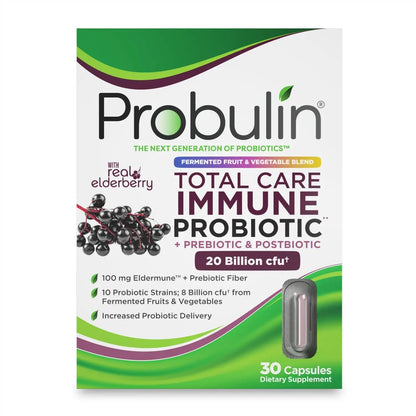 Probulin Total Care Immune = Prebiotics + Probiotics + Postbiotics + Elderberry to Support Immune & Gut Health - 20 Billion CFU - 10 Probiotic Strains, 30 Vegan Capsules ProbulinBuy Supplements Australia