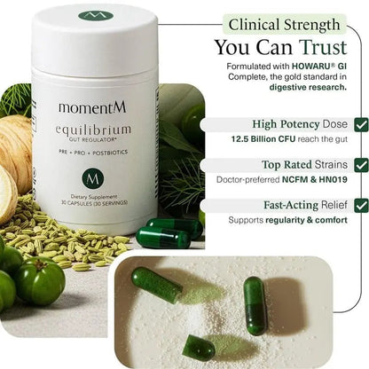 momentM Equilibrium 3-in-1 Probiotics for Women & Men Digestive Health, Prebiotics and Probiotics for Women with HOWARU Strains, Postbiotics & Fennel for Bloat & Gut Health,12.5B CFU, 30 Capsules momentMBuy Supplements Australia