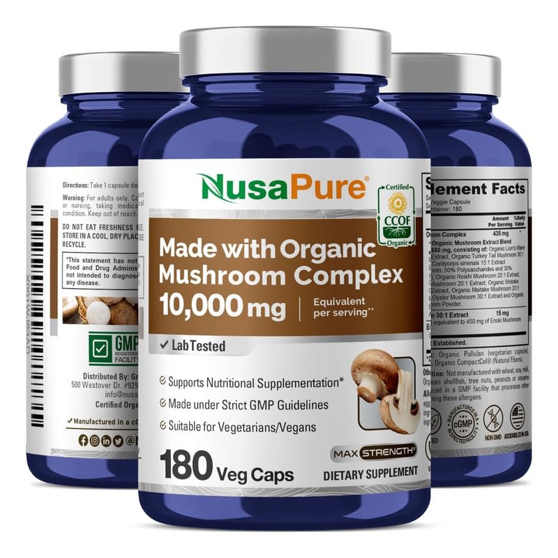 NusaPure Organic Mushroom Complex 10,000mg per Capsule, 180 Veggie Caps, Non-GMO, Enoki, Turkey Tail, Reishi, Chaga, Maitake NusaPureBuy Supplements Australia