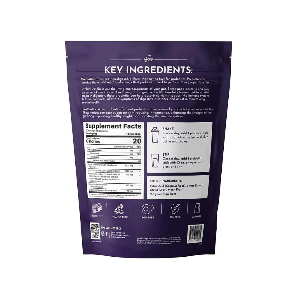 JUST INGREDIENTS Elderberry Lemonade 3-in-1 Probiotic Complex - Prebiotics, Probiotics & Postbiotics - 30 Sticks JUST INGREDIENTSBuy Supplements Australia
