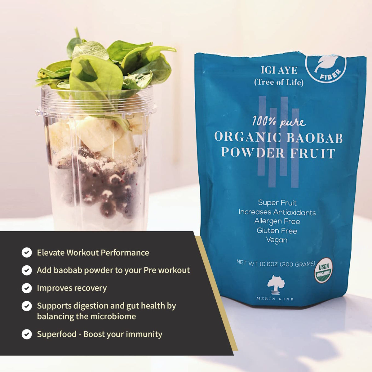 MERIN KIND Organic Baobab Powder - Prebiotic Fiber Supplement