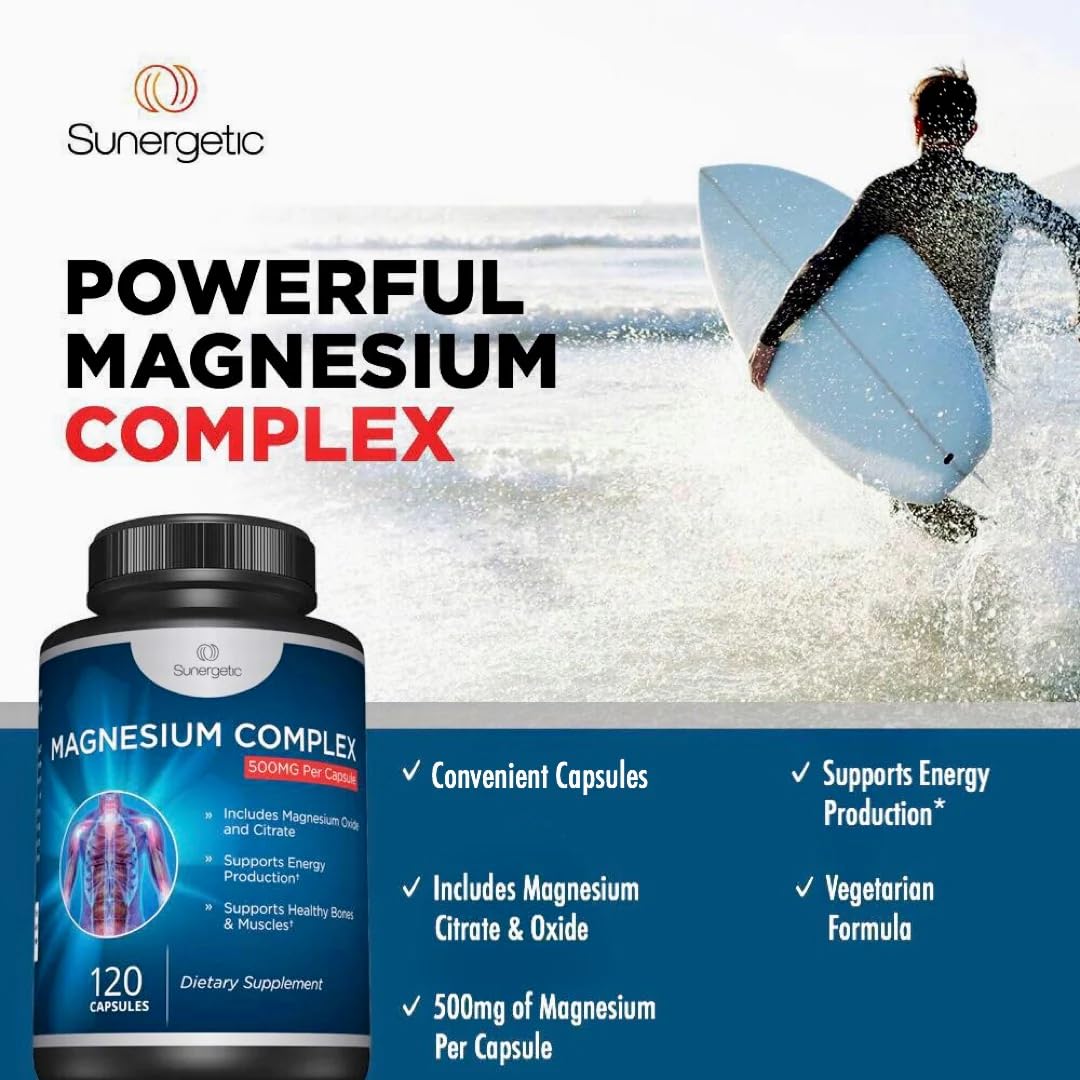 Premium Magnesium Citrate Capsules – Powerful 500mg Magnesium Oxide & Citrate Supplement – Helps Support Healthy Bones, Muscles, Teeth, Energy & Relaxation – 120 Vegetable Capsules SunergeticBuy Supplements Australia