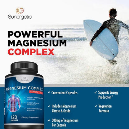 Premium Magnesium Citrate Capsules – Powerful 500mg Magnesium Oxide & Citrate Supplement – Helps Support Healthy Bones, Muscles, Teeth, Energy & Relaxation – 120 Vegetable Capsules SunergeticBuy Supplements Australia