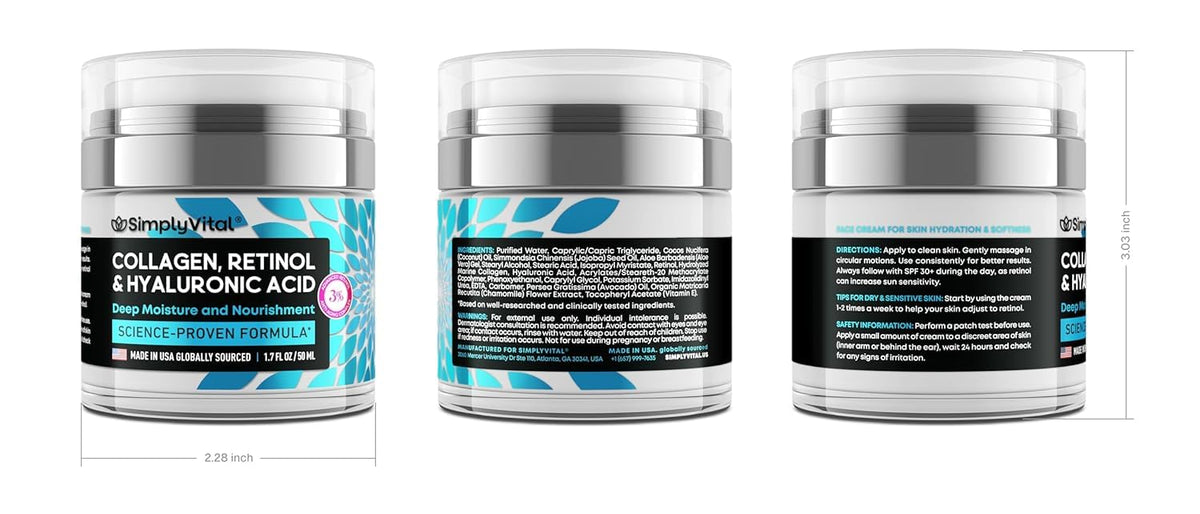 Anti-Aging Face Moisturizer with Retinol, Collagen & Hyaluronic Acid - Made in USA - Moisturizer Face Cream for Women & Men - Firming & Hydrating Neck Cream - Day & Night Skin Care - 1.7 fl oz SimplyVital buy supplements Au