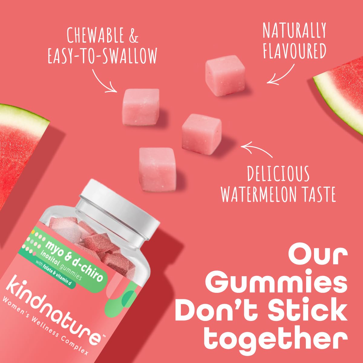 kindnature Myo-Inositol & D-Chiro Inositol Gummies for Women – 2000mg + 50mg, Ideal 40:1 Ratio – with Vitamin D & Folate – Hormone Balance Support – Vegan, Watermelon Flavor (120 Gummies) kindnatureBuy Supplements Australia