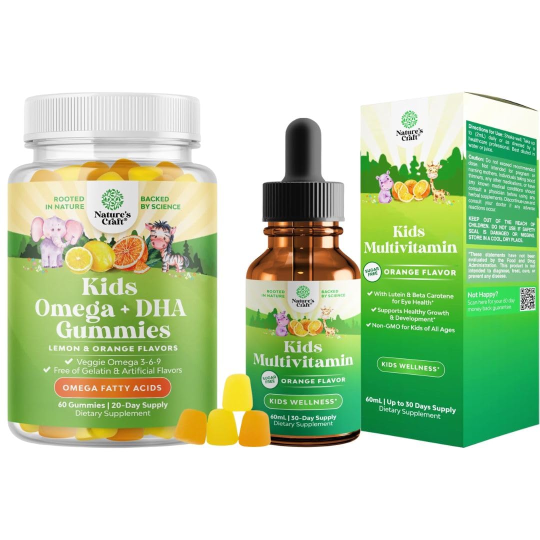Bundle of Kids DHA Omega 3 Gummies - Fatty Acids Omega 3 6 9 for Brain Immune Strength Vision Focus Support and Liquid Multivitamin for Kids Immunity Support Natures CraftBuy Supplements Australia