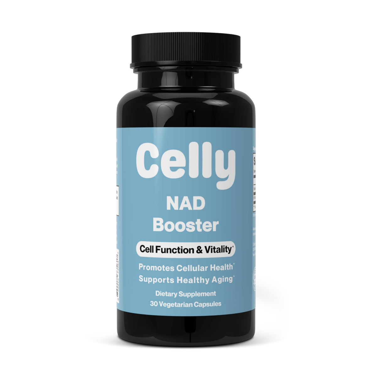 Bottle of Celly NAD Booster supplement on a white background