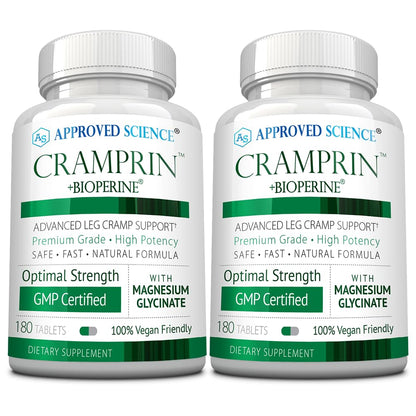 Approved Science Cramprin - High Absorption Magnesium, Vitamin B Complex, BioPerine - Muscle Cramps - 6 Month Supply - 2 Bottles - Vegan Approved ScienceBuy Supplements Australia