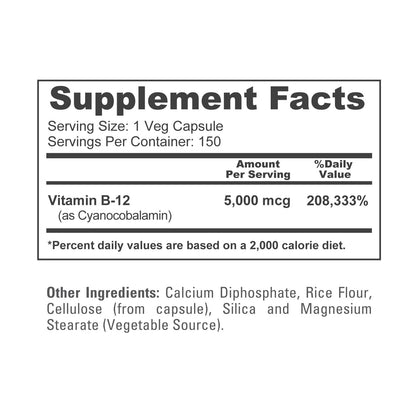 NusaPure Vitamin B12-5000 MCG 150 Veggie Capsules (Non-GMO, Vegan) - Max Strength Vitamin B12 NusaPureBuy Supplements Australia