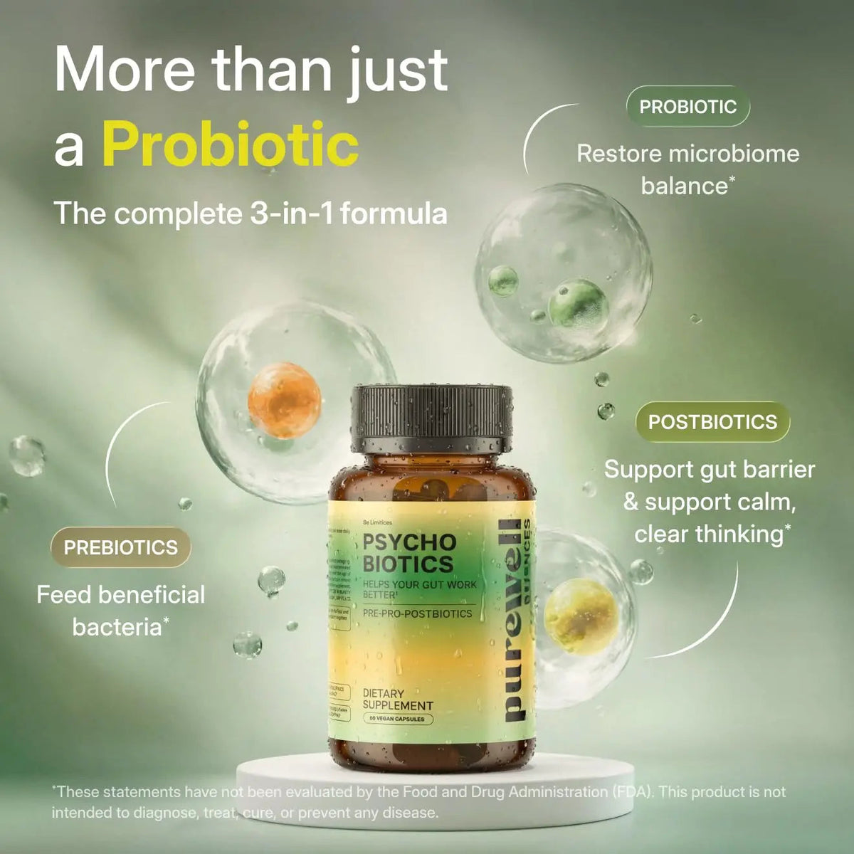 PUREWELL SCIENCES Psychobiotics – Advanced 3-in-1 Probiotic Prebiotic Postbiotic Supplement for Gut and Mood Support - 60 Vegan Probiotic Capsules – 50 Billion CFU – 1-Month Supply PUREWELL SCIENCESBuy Supplements Australia