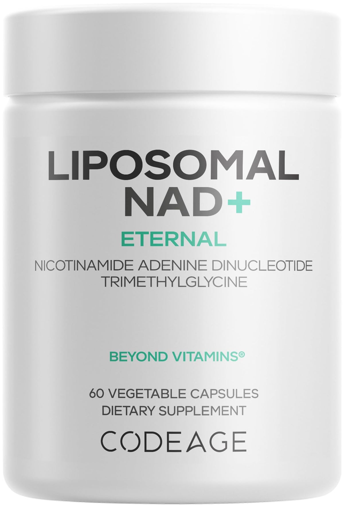 Supplement container labeled 'Liposomal NAD+ Eternal' by Codeage on a white background