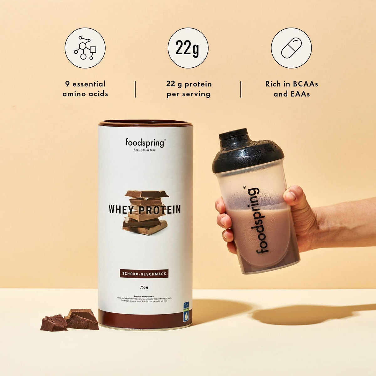 foodspring Whey Protein Powder Chocolate – with 22g Protein for Muscle Building, Perfect Solubility foodspringBuy Supplements Australia