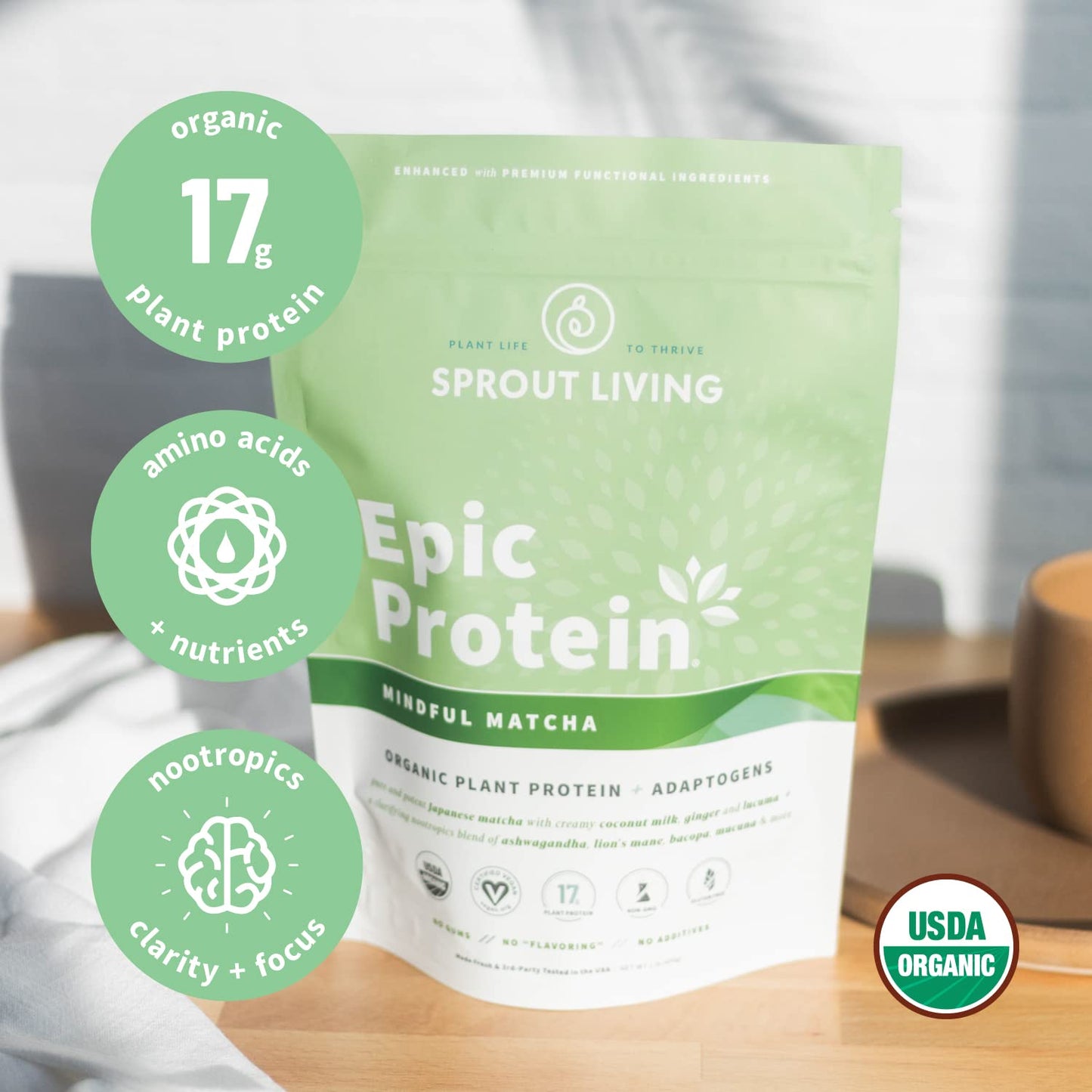 Sprout Living Epic Protein, Plant Based Protein & Superfoods Powder, Mindful Matcha Sprout LivingBuy Supplements Australia