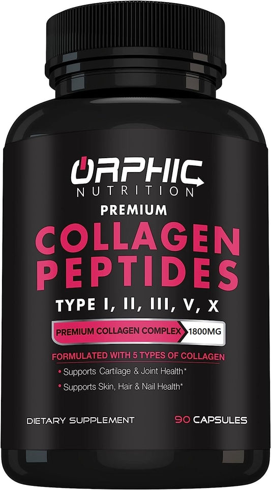 ORPHIC NUTRITION Collagen Peptides Capsules for Women,1800mg Multi Collagen Pills Types I, II, III, V, X - Supports Digestive Health Maintaining Strong Joints, Tendons, Ligaments and Muscles* 90 Caps ORPHIC NUTRITIONBuy Supplements Australia