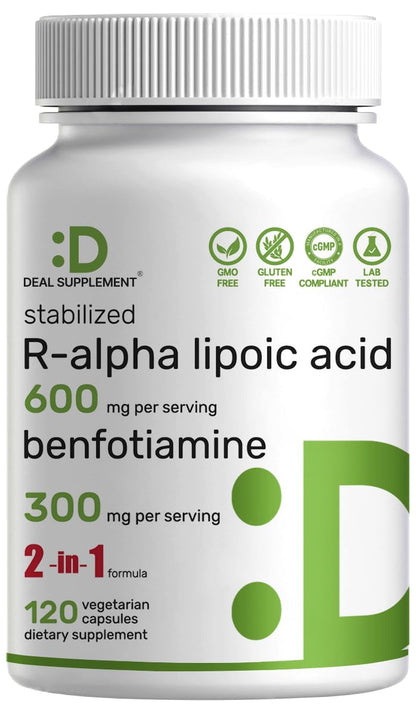 DEAL SUPPLEMENT R Alpha Lipoic Acid 600mg with Benfotiamine 300mg Per Serving, 120 Veggie Capsules – 200mg R-ALA Per Capsule – Antioxidant Supplement