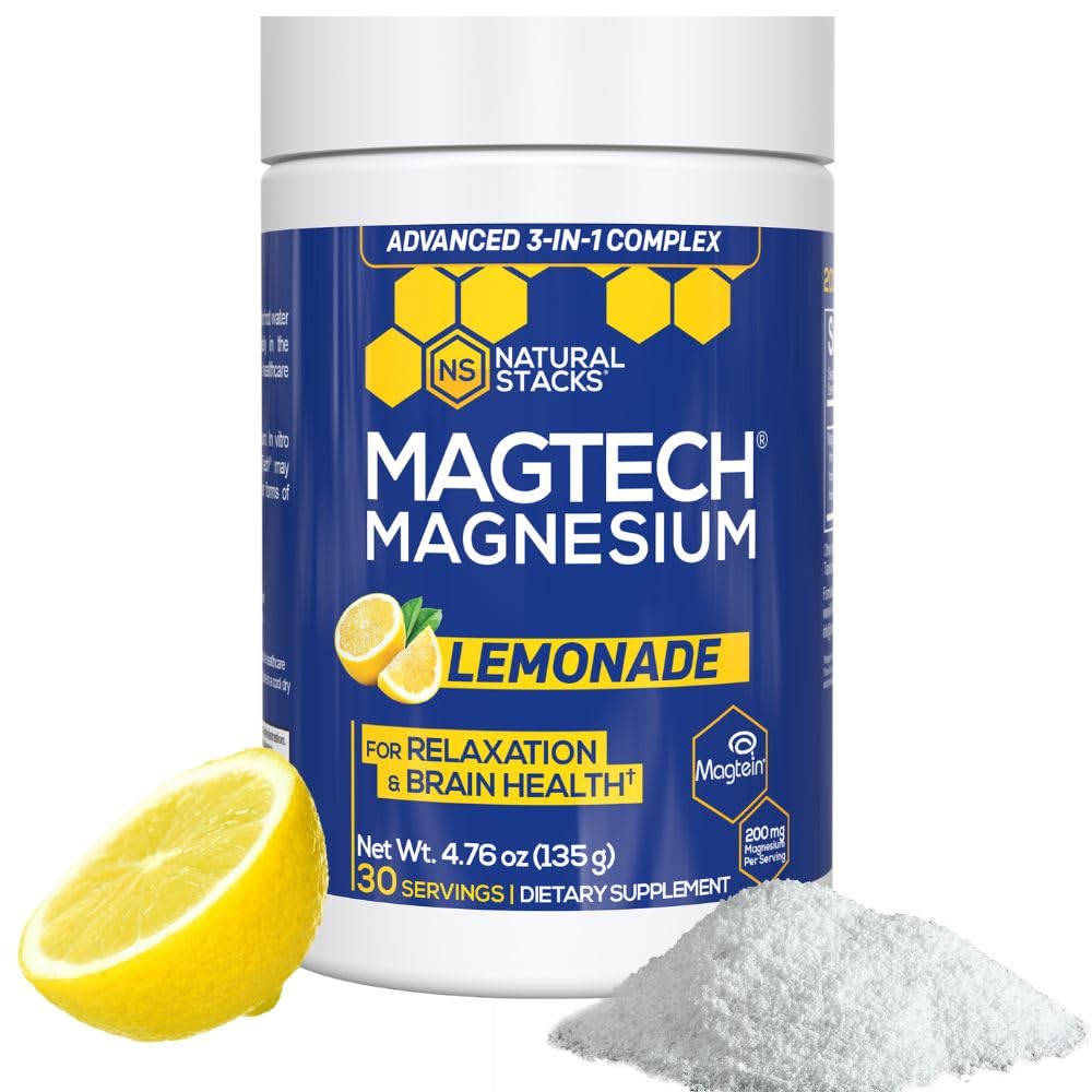 Magtein Magnesium L-Threonate, Glycinate & Taurate - MagTech Magnesium Powder - Sugar Free Lemonade Drink - 200mg Chelated Triple Complex - Supports Relaxation & Brain Health* - 30 Servings NATURAL STACKSBuy Supplements Australia