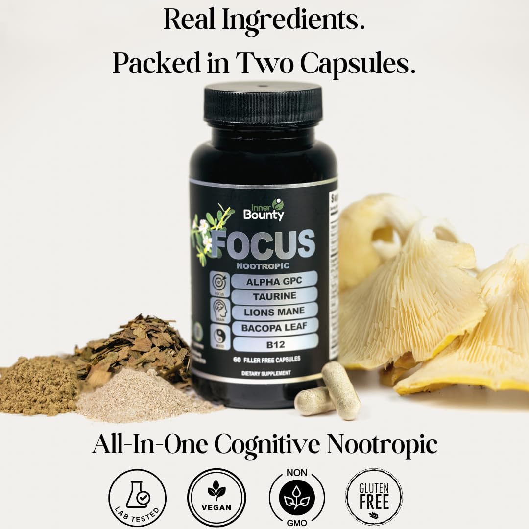 Inner Bounty Focus 14-in-1 Nootropic Brain Supplement with Lions Mane, Alpha GPC Choline, Vitamin C & B12, Taurine, Bacopa - Energy, Cognitive, Memory Support, 60 Filler Free Capsules Inner BountyBuy Supplements Australia