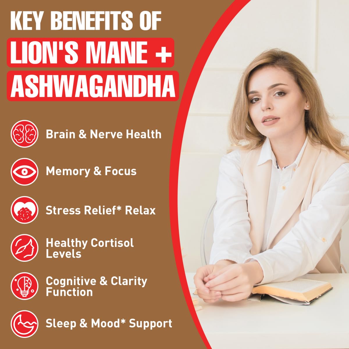 Ashwagandha & Lions Mane Supplements Capsules, Brain Supplements for Memory and Focus, Ashwagandha with Rhodiola Rosea for Cognitive, Immune Support, Cortisol Supplements for Women, 90 Capsules ZylvraxBuy Supplements Australia