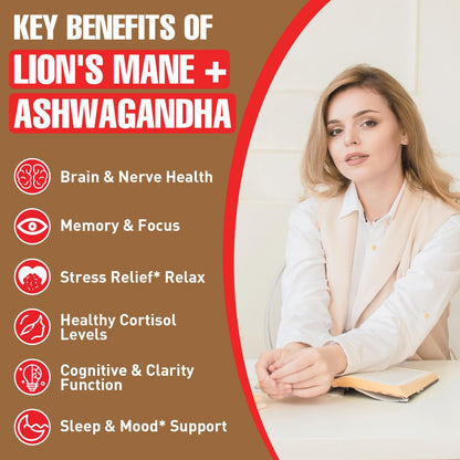 Ashwagandha & Lions Mane Supplements Capsules, Brain Supplements for Memory and Focus, Ashwagandha with Rhodiola Rosea for Cognitive, Immune Support, Cortisol Supplements for Women, 90 Capsules ZylvraxBuy Supplements Australia