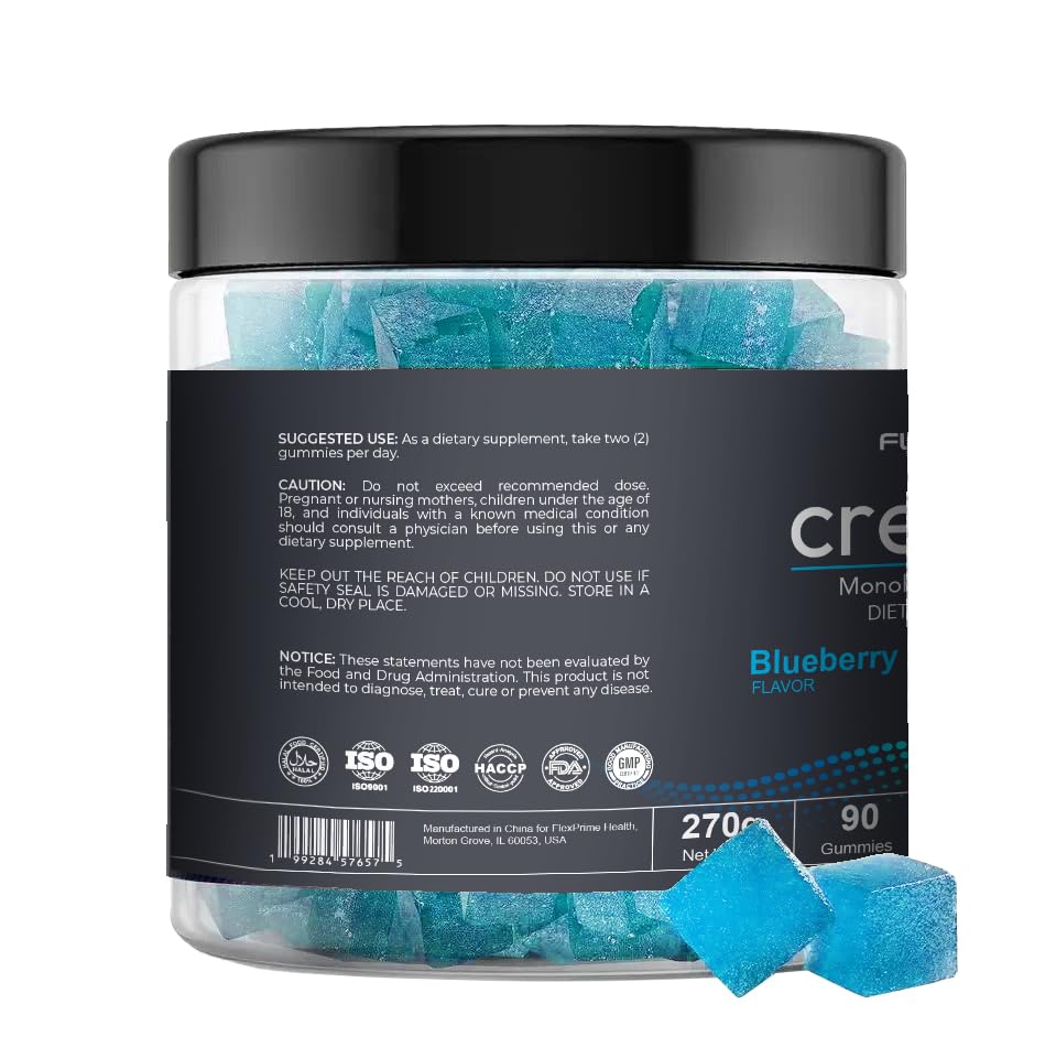 FlexPrime Creatine Gummies Sugar Free - 6g Creatine Monohydrate + L-Taurine, Alpha GPC, Betaine | Vegan Halal Blueberry Chews for Lean Muscle, Strength, Brain Health | Men Women 90 Count FlexPrimeBuy Supplements Australia
