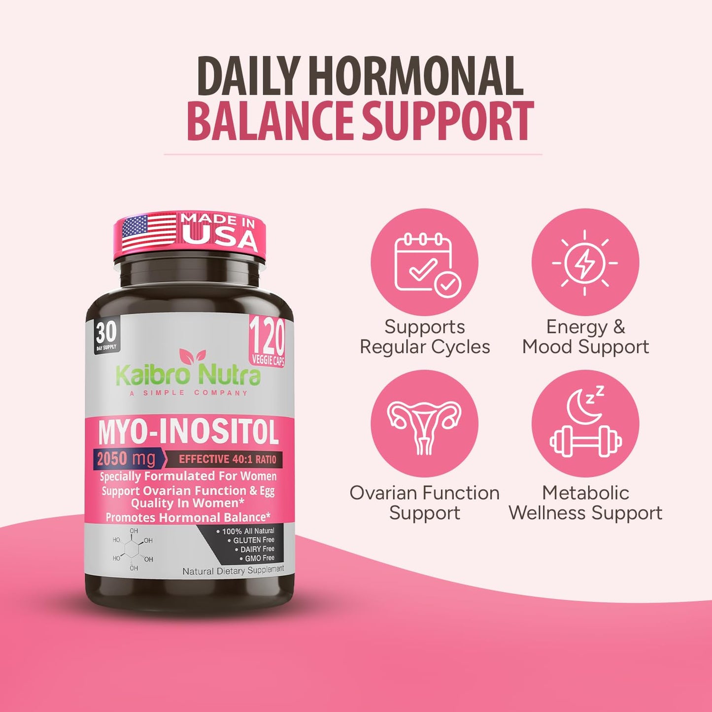 Kaibro Nutra Myo-Inositol Supplement, Myo-Inositol & D-Chiro Inositol 40:1 Ratio, Hormone Balance & Ovarian Support for Women with Vitamin B8, 2050mg, Vegan, Non-GMO Capsules 120 Count Kaibro NutraBuy Supplements Australia