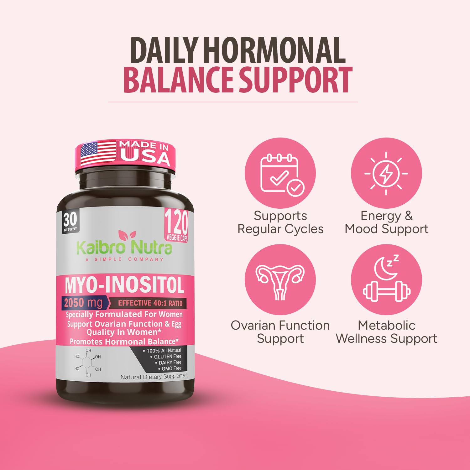 Kaibro Nutra Myo-Inositol Supplement, Myo-Inositol & D-Chiro Inositol 40:1 Ratio, Hormone Balance & Ovarian Support for Women with Vitamin B8, 2050mg, Vegan, Non-GMO Capsules 120 Count Kaibro NutraBuy Supplements Australia