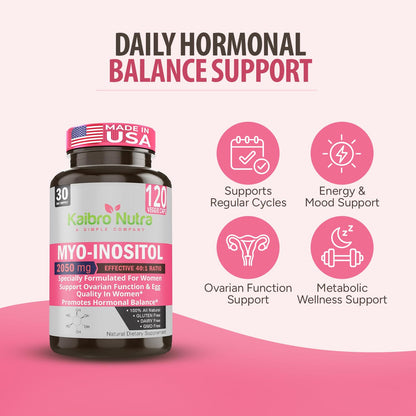 Kaibro Nutra Myo-Inositol Supplement, Myo-Inositol & D-Chiro Inositol 40:1 Ratio, Hormone Balance & Ovarian Support for Women with Vitamin B8, 2050mg, Vegan, Non-GMO Capsules 120 Count Kaibro NutraBuy Supplements Australia