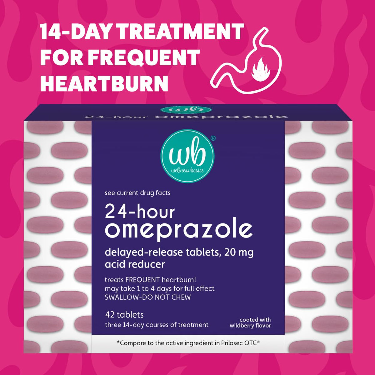 Wellness Basics Omeprazole 20mg Delayed Release | Acid Reducer | 42 Count | Tablet | Treats Frequent Heartburn (Wildberry) Wellness Basics buy supplements Au
